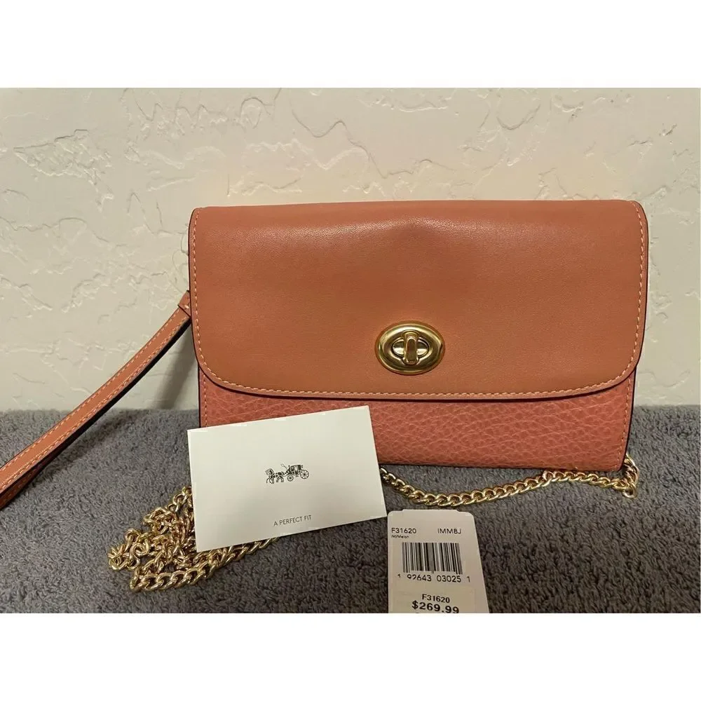 Coach Leather Chain Crossbody Melon/Gold Wristlet Clutch Handbag F31620 NWT